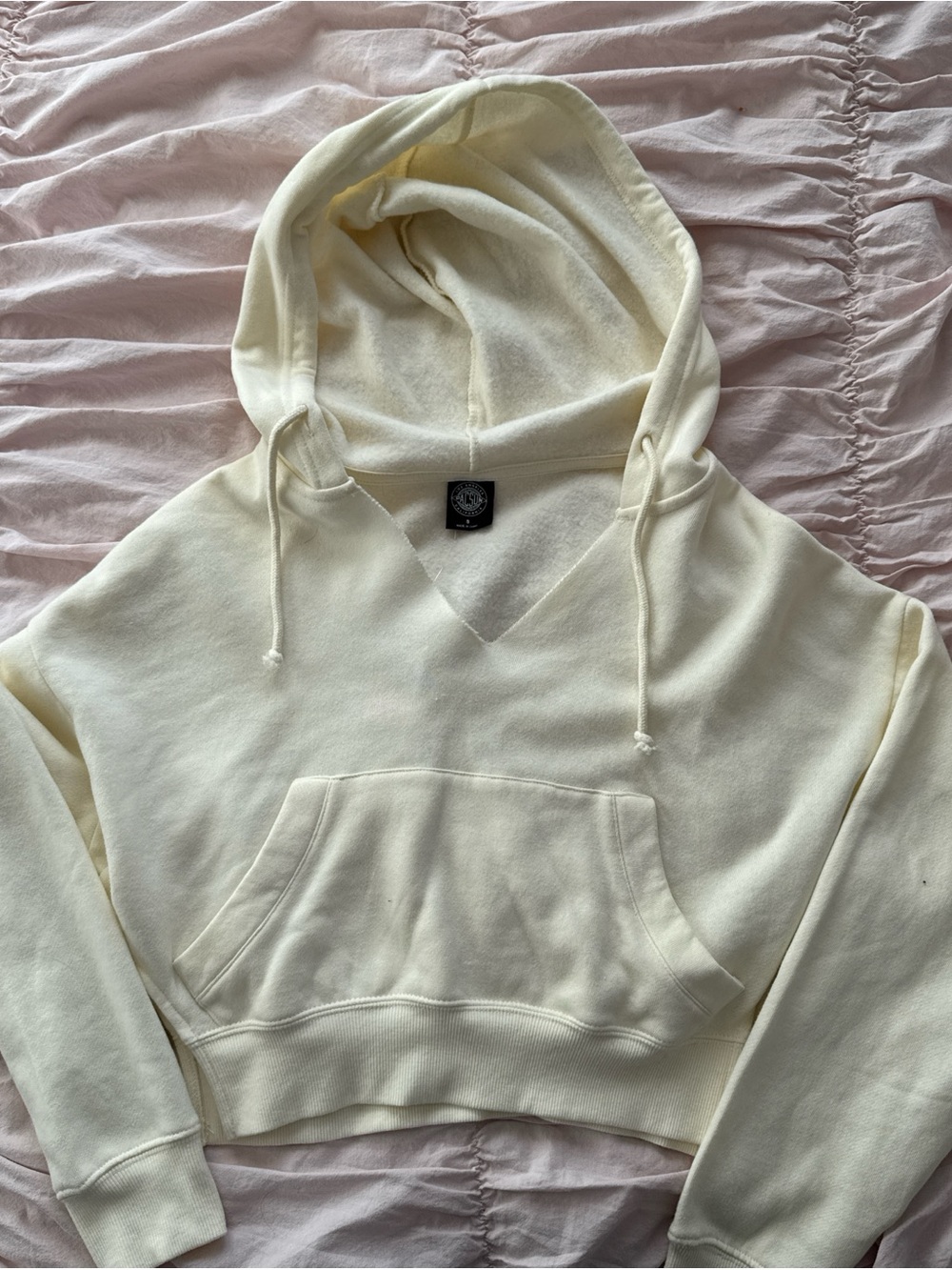 PacSun Women's Cream V-Neck Hoodie with Kangaroo Pocket
